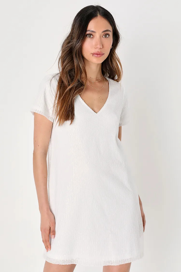 Light Up the Night White Sequin Shift Dress | Lulus