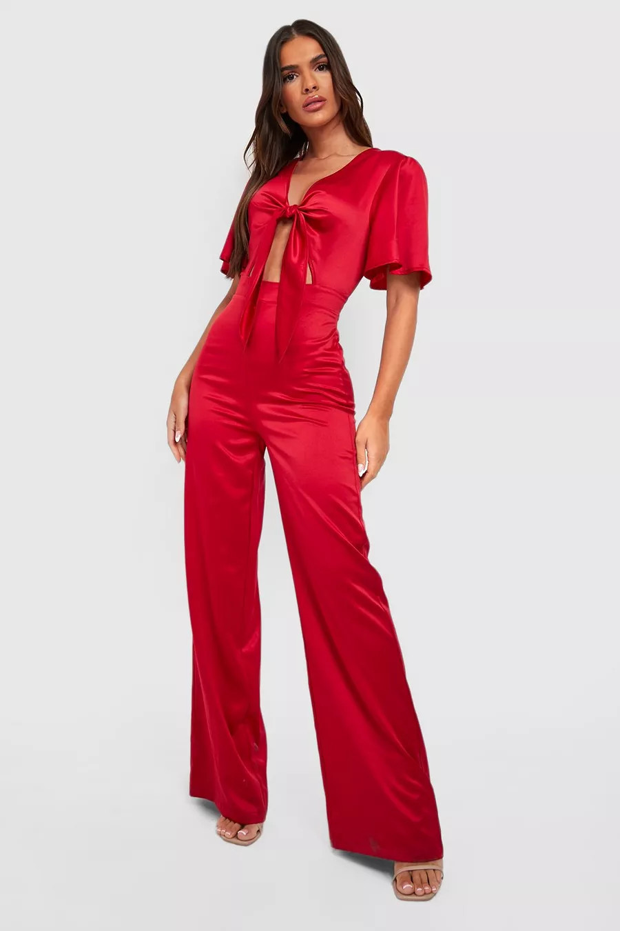 Tie Detail Wide Leg Satin Jumpsuit | Boohoo.com (US & CA)