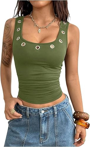 MakeMeChic Women's Grommet Eyelet Tank Top Grunge Sleeveless Punk Y2K Crop Tops | Amazon (US)