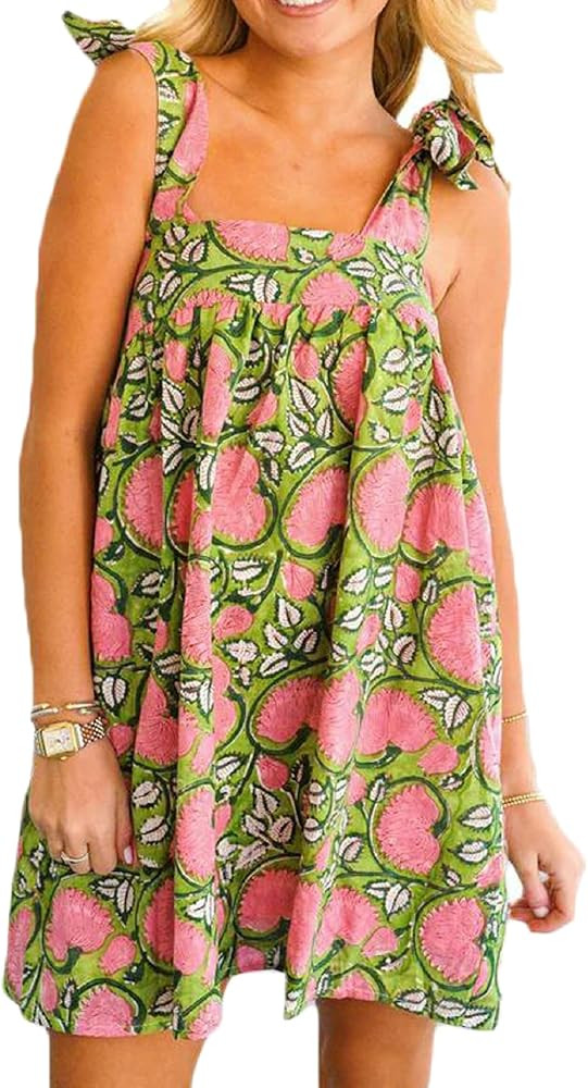 Women Floral Tie Shoulder Mini Dress Cute Square Neck Loose Fit Beach Short Dress Backless Boho V... | Amazon (US)