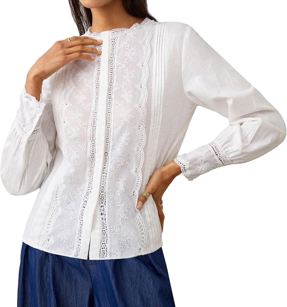 Womens Dressy Casual Lace Blouse Cotton Long Sleeve Button Up Shirts Tops | Amazon (US)
