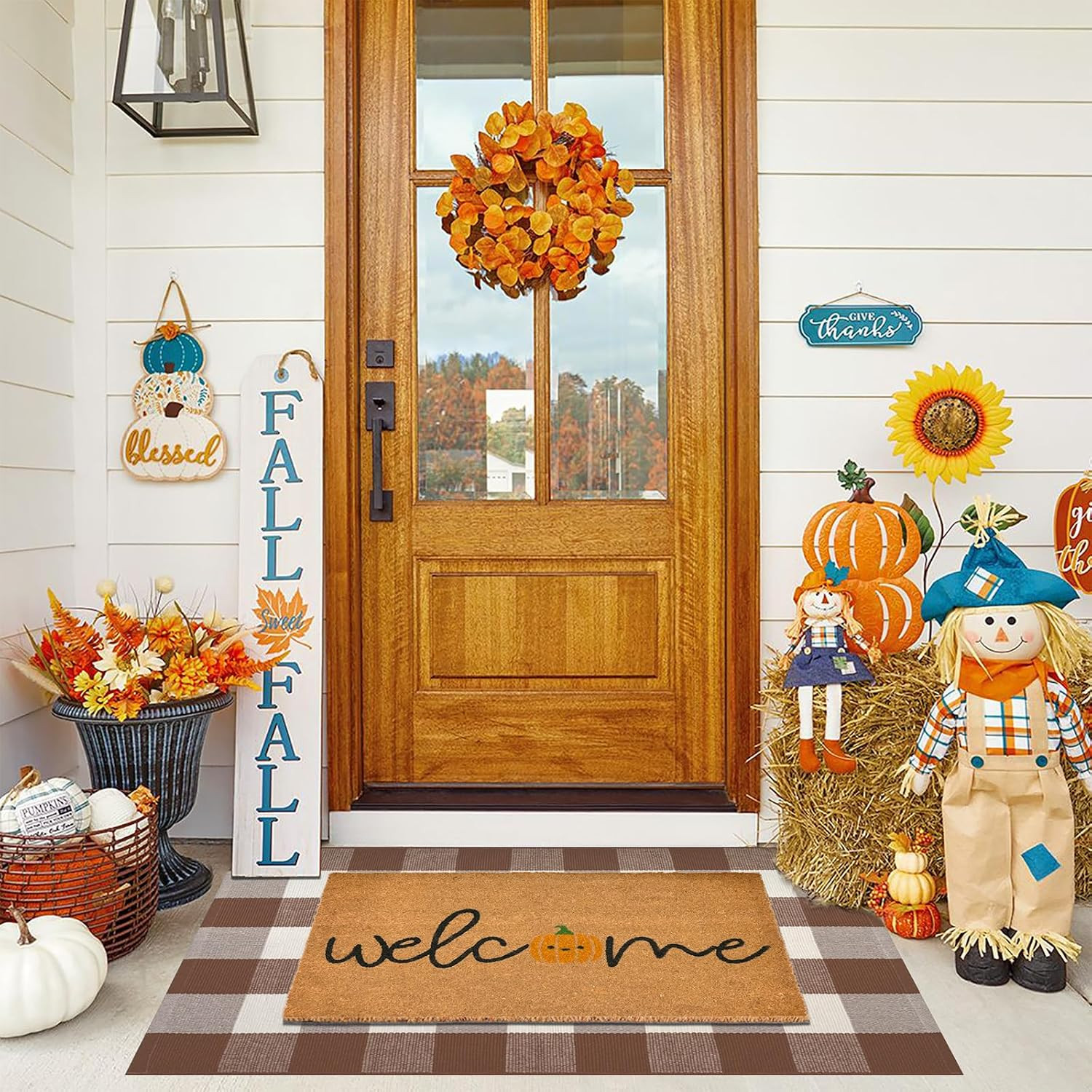 Fall Door Mat Combo Set, Welcome Coco Coir Welcome Doormat + 28" x 43" Mocha and White Plaid Rug, Autumn Thanksgiving Front Porch Entryway Decor Floor Mats | Amazon (US)