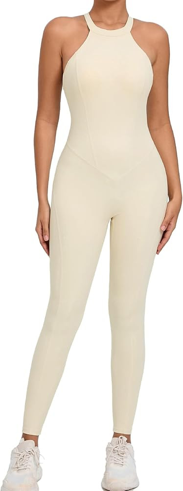 Women's One Piece Halter Workout Jumpsuits Scrunch Butt V Back Gym Yoga Romper Tummy Control Back... | Amazon (US)