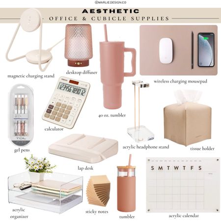 Aesthetic Office Supplies | aesthetic cubicle supplies | neutral office supplies | neutral office decor | acrylic organizer | headphone stand | leather tissue holder | charging mouse pad | charging stand | diffuser | glass tumbler with straw | acrylic calendar | gel pens | calculator | simple modern 40oz tumbler 

#LTKworkwear #LTKGiftGuide #LTKunder50