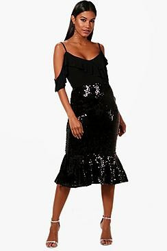 Sequin Ruffle Hem Midi Skirt | Boohoo.com (US & CA)
