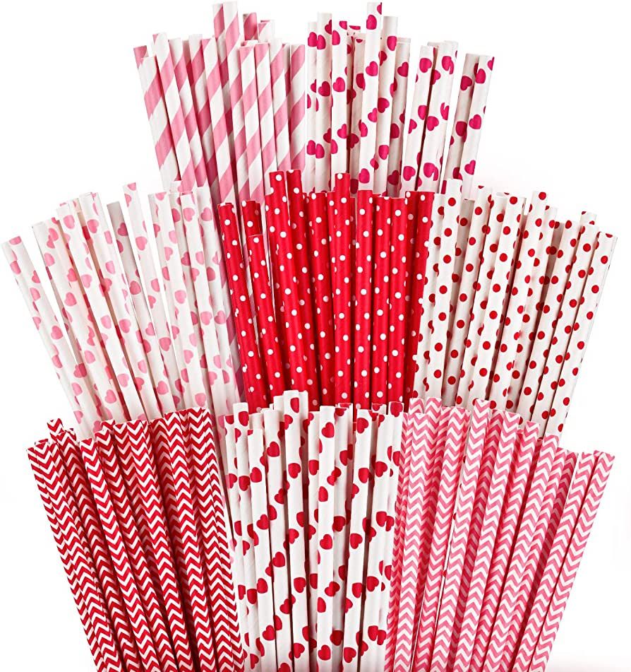 Boao 200 Pieces Valentines Straws Valentines Paper Straws Heart Drinking Straws Heart Striped Pap... | Amazon (US)