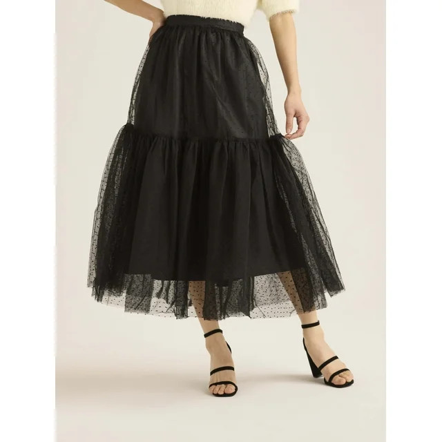 Scoop Women’s and Women's Plus Tulle Dot Midi Skirt, Sizes XS-4X | Walmart (US)