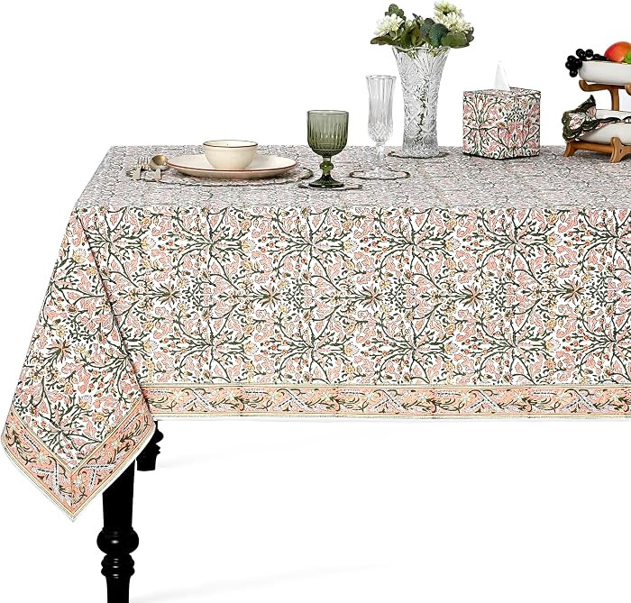 Sassy Salmon and Emerald Green Hand Block Print Cotton Rectangle Tablecloth 108" x 60" inches Reu... | Amazon (US)
