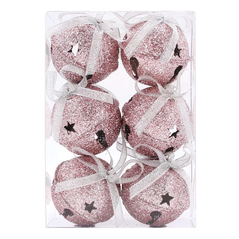 Pink 6-Count Pink Glittered Jingle Bell Ornaments, 2.3" | At Home