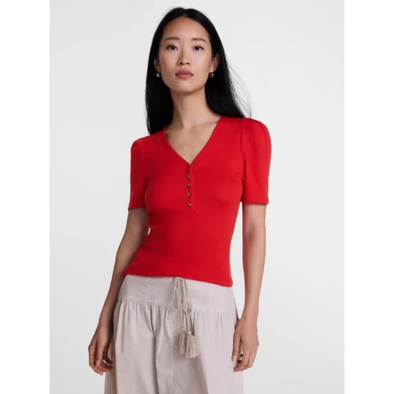 Scenario Women's V-Neck Henley Top with Short Puff Sleeves, Sizes XS-XXXL | Walmart (US)