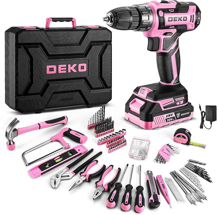 Pink Power Drill Tool Kit Set: 20V Cordless Electric Drill, Driver, Tool Box with Battery | Amazon (US)