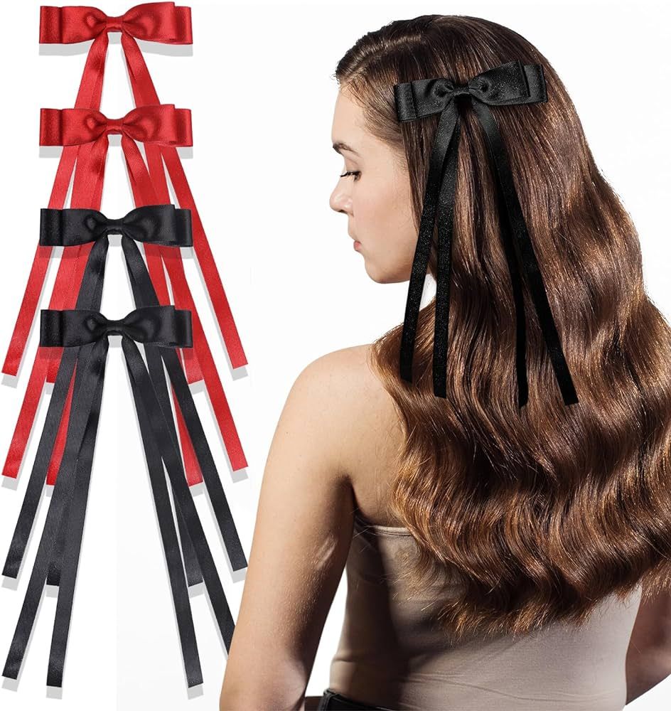 Red Long Ribbon Hair Bows Black Shiny Tassel Ribbon Bowknot Hair Clip Alligator Barrettes with Lo... | Amazon (US)