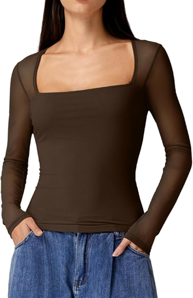 QINSEN Womens Square Neck Long Sleeve Mesh Sheer Top Double Lined Going Out Basic Shirt | Amazon (US)