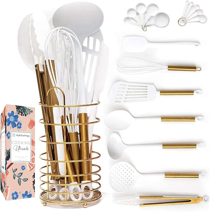 White and Gold Cooking Utensils with Holder - 18 PC Gold Kitchen Utensils Set Includes White Cook... | Amazon (US)