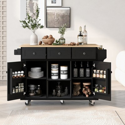 Kitchen Cart with Rubber Wood Drop-Leaf Countertop, Internal Storage Racks, 5-Wheel Kitchen Island with Storage Cabinet & 3 Drawers for Dining Room | Target