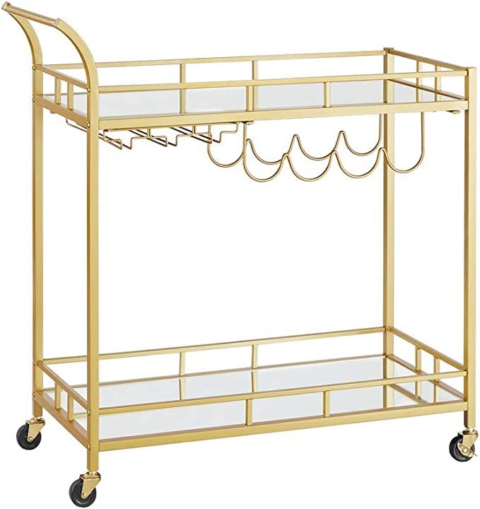 VASAGLE Bar Cart Gold, Home Bar Serving Cart, Wine Cart with 2 Mirrored Shelves, Wine Holders, Gl... | Amazon (US)