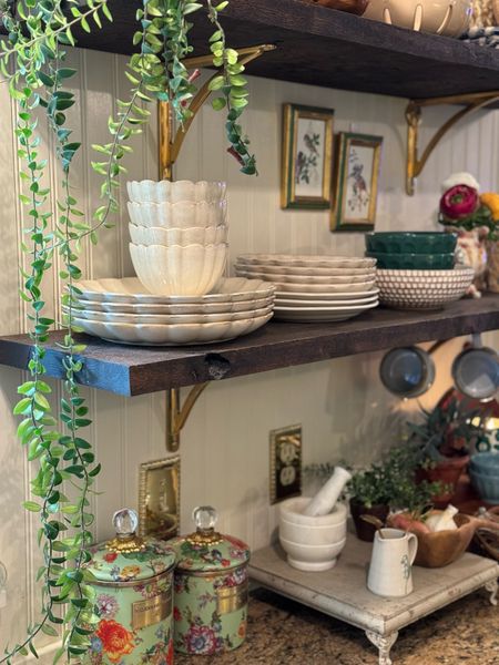 Kitchen accessories, canisters, floral enamel canisters, brass shelf brackets, scalloped bowls, scalloped plates and dishes, cottage style kitchen, green bowls, brass electrical plate, brass switch plate, kitchen decor

#LTKsalealert #LTKSeasonal #LTKhome