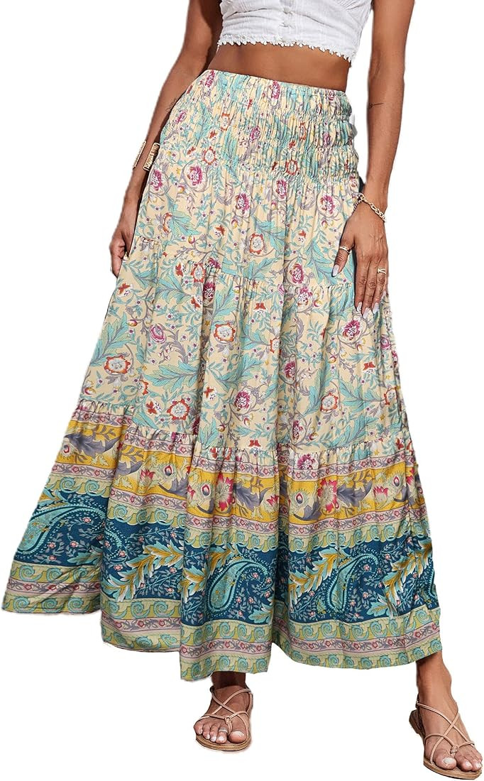 CFLONGE Women's 2024 Bohemian Long Skirts Flowy High Waist A Line Maxi Skirts for Women Summer Pl... | Amazon (US)