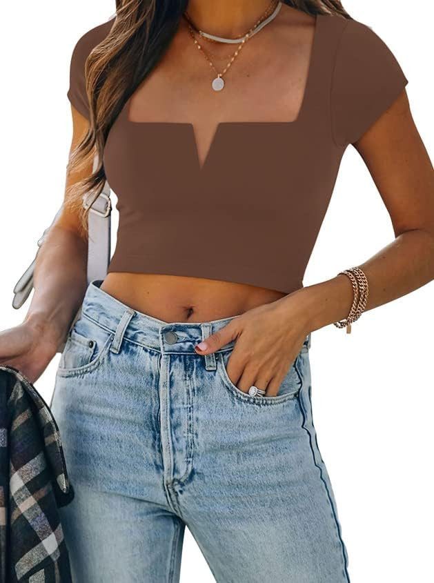 REORIA Women’s Sexy Casual Square Neck Short Sleeve Double Lined Tight T Shirts Crop Tops Tees | Amazon (US)