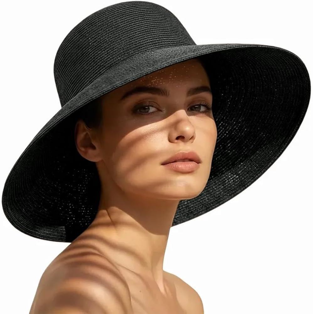 Women Wide Brim Straw Sun Hat, Packable Foldable Beach Hat with Windproof Chin Strap, Adjustable | Amazon (US)