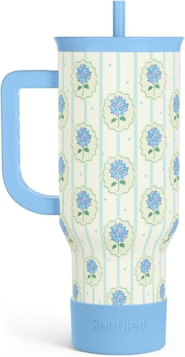 SANDJEST Hydrangea 40oz Tumbler with Handle and Straw, Floral Insulated Stainless Steel Travel Co... | Amazon (US)