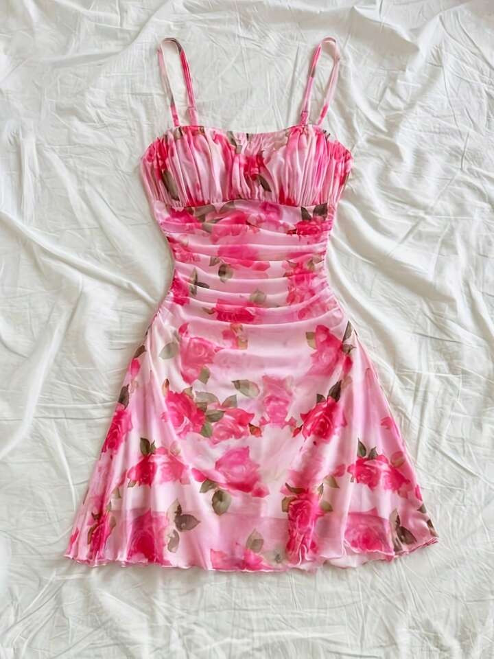 Latest Women's Floral Print Ruched A-Line Dress - Stretchy Polyester-Spandex Blend, Slim Fit Shor... | SHEIN