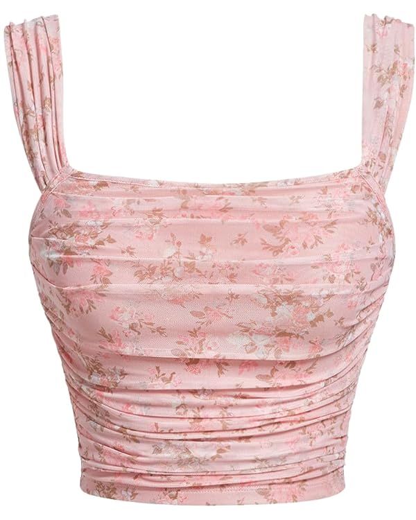 SHENHE Women's Floral Wide Strap Ruched Square Neck Cute Fitted Boho Crop Tank Top | Amazon (US)