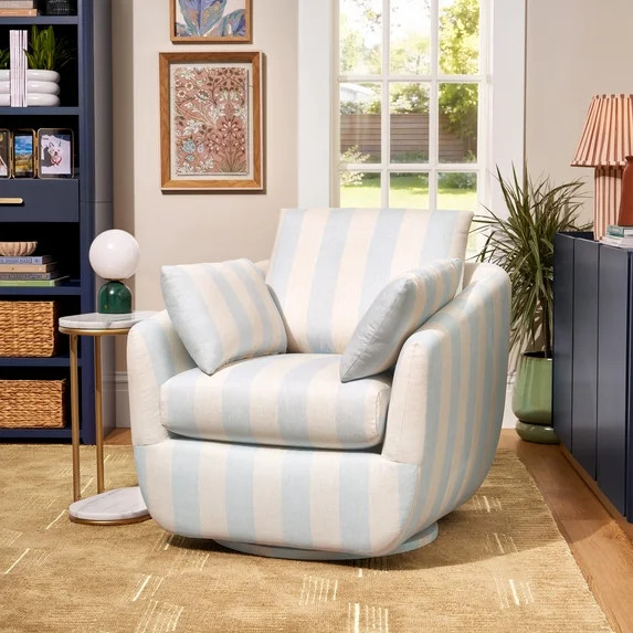 Beautiful Louisa Swivel Chair by Drew Barrymore, Hydrangea and Cream Stripe Fabric | Walmart (US)
