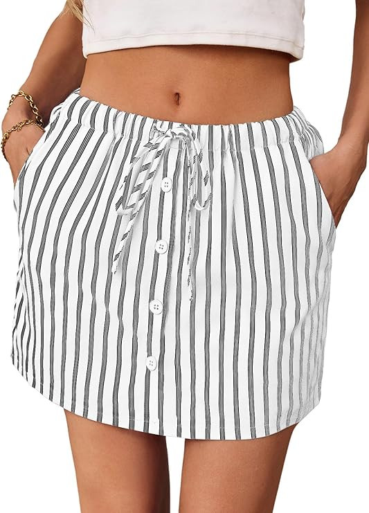 Fisoew Womens Summer Striped Mini Skirts Casual Drawstring Elastic Waist Button Cute Y2K Skorts S... | Amazon (US)