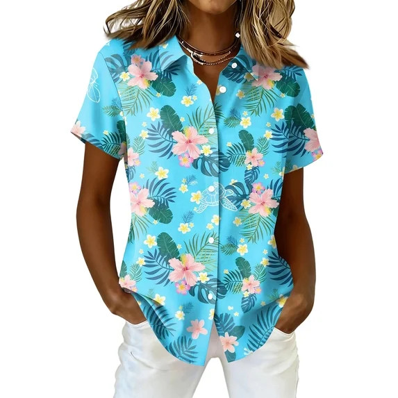 Sewkxo Womans Hawaii Shirt Floral Print Short Sleeve Lapel Collared Buttons Tropical Beach Blouse... | Walmart (US)