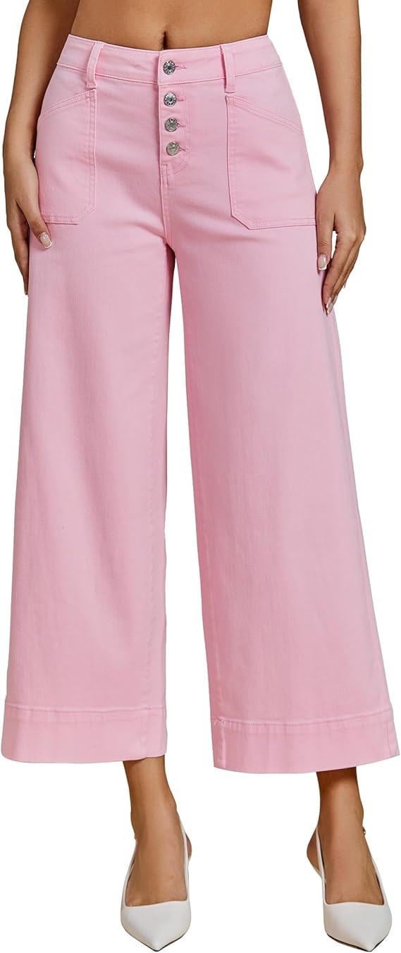 luvamia Wide Leg Jeans for Women Cropped High Waisted Trendy Button Fly Patch Pocket Stretchy Den... | Amazon (US)