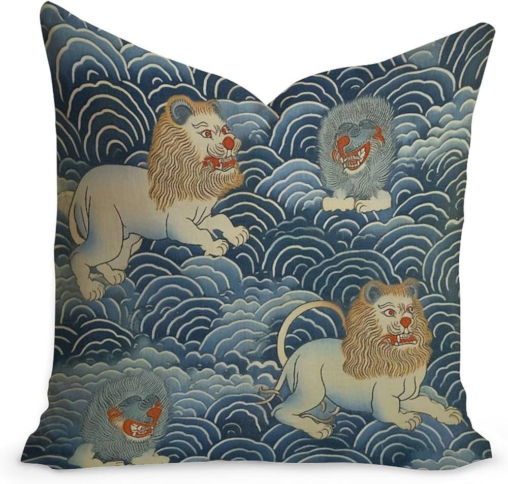 Chinoiserie Style Throw Pillow Cushion Blue Tibet Tiger Asian Lion Throw Pillow Cover Chinoiserie... | Amazon (US)
