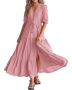 BTFBM Women Summer Dresses Short Sleeves V Neck Button Drawstring Maxi Dresses Solid Color Boho L... | Amazon (US)