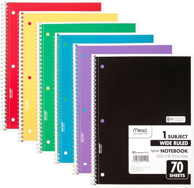 Mead Spiral Notebook, 6 Pack, 1 Subject, Wide Ruled Paper, 7-1/2" x 10-1/2", 70 Sheets per Notebo... | Amazon (US)