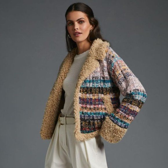 Anthropologie Colorful Cropped Open Sweater Faux Shearling Sherpa Coat Sz Small | Poshmark