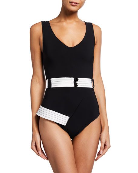 Chiara Boni La Petite Robe Alevtina Bicolor Belted One-Piece Swimsuit | Neiman Marcus