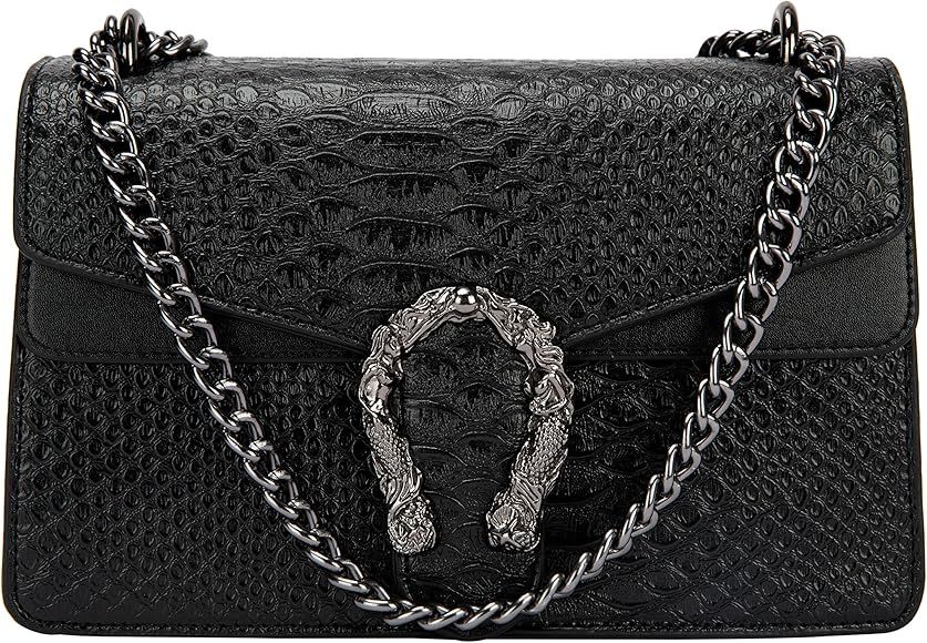 Crossbody Shoulder Square Purse For Women - Fashion Embossed Snake-Print Leather Handbag Metal Ch... | Amazon (US)