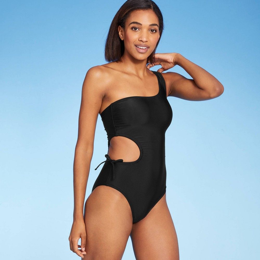 Women's One Shoulder Cut Out Medium Coverage One Piece Swimsuit - Kona Sol Black S | Target