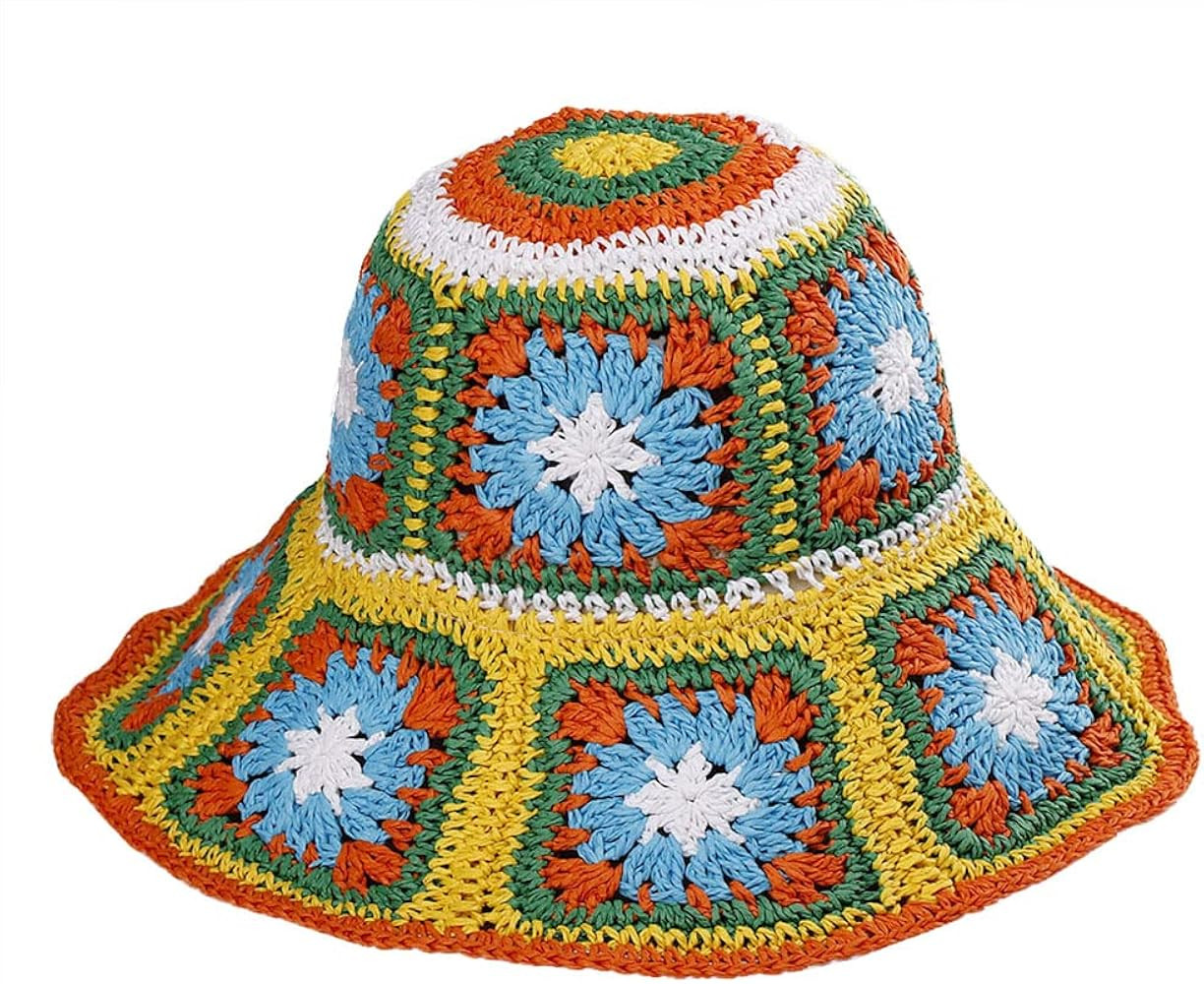 Womens Straw Sun Hat Floral Woven Bucket Hat Fishing Hat Beach Hat Hand Woven Foldable Cap | Amazon (US)