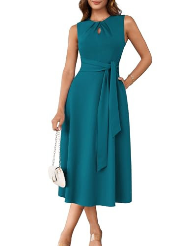 Business Work Midi Sleeveless A Line Dress Casual Dresses for Women Semi Formal Fit and Flare Teal 2XL | Amazon (US)