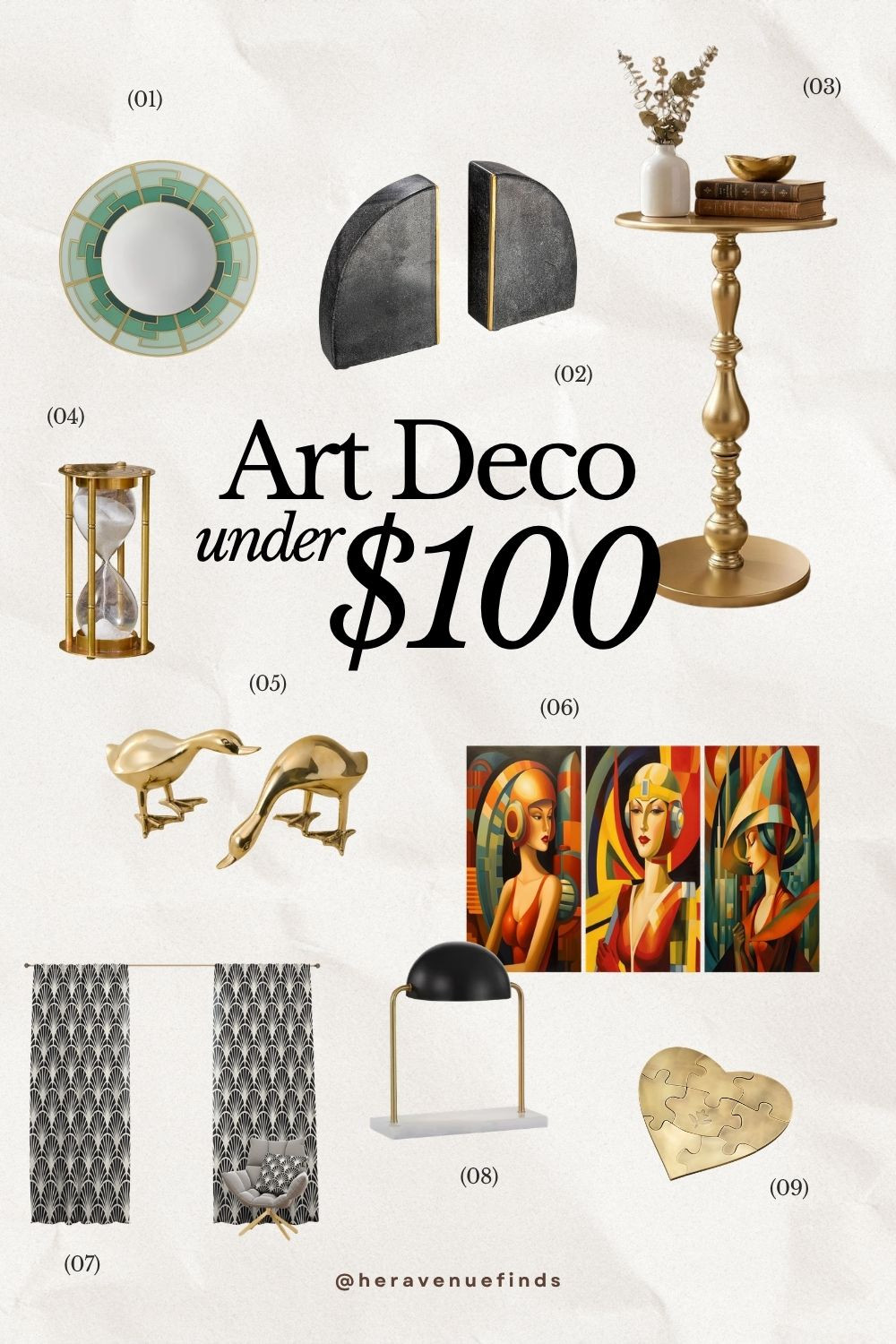 The art deco look is easy to get wrong and expensive to get right, but this edit keeps it under $100 across the board. The anchor piece is a three-panel wall art set in warm oranges, reds, and gold geometric portraits that makes a wall feel like an actual decision was made. From there everything layers in naturally: a brass pedestal side table with a turned column base that looks genuinely found, dark stone bookends with a gold accent stripe that do a lot of visual work without trying too hard, and a dome lamp with a brass arch frame and real marble base that works as lighting and as something nice to look at. The smaller pieces are what finish a room and there are a few good ones here too. Everything is tagged below. 

 