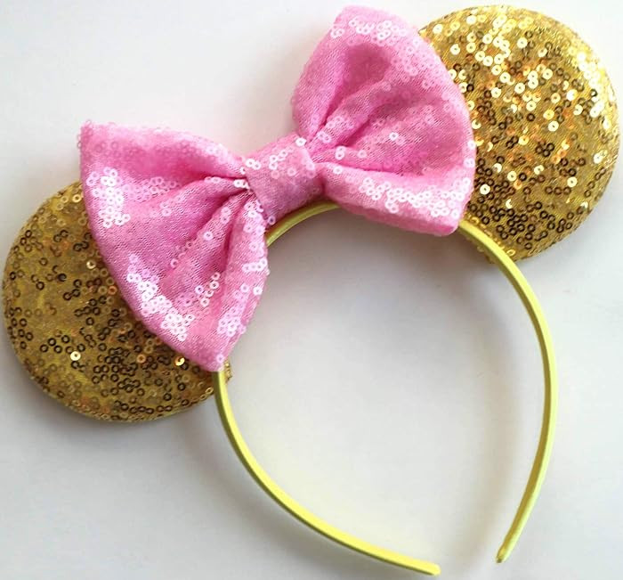 CLGIFT Yellow Minnie Ears Bow - Gold Mickey Ears Hairband with Pink Sequin Bow | Amazon (US)