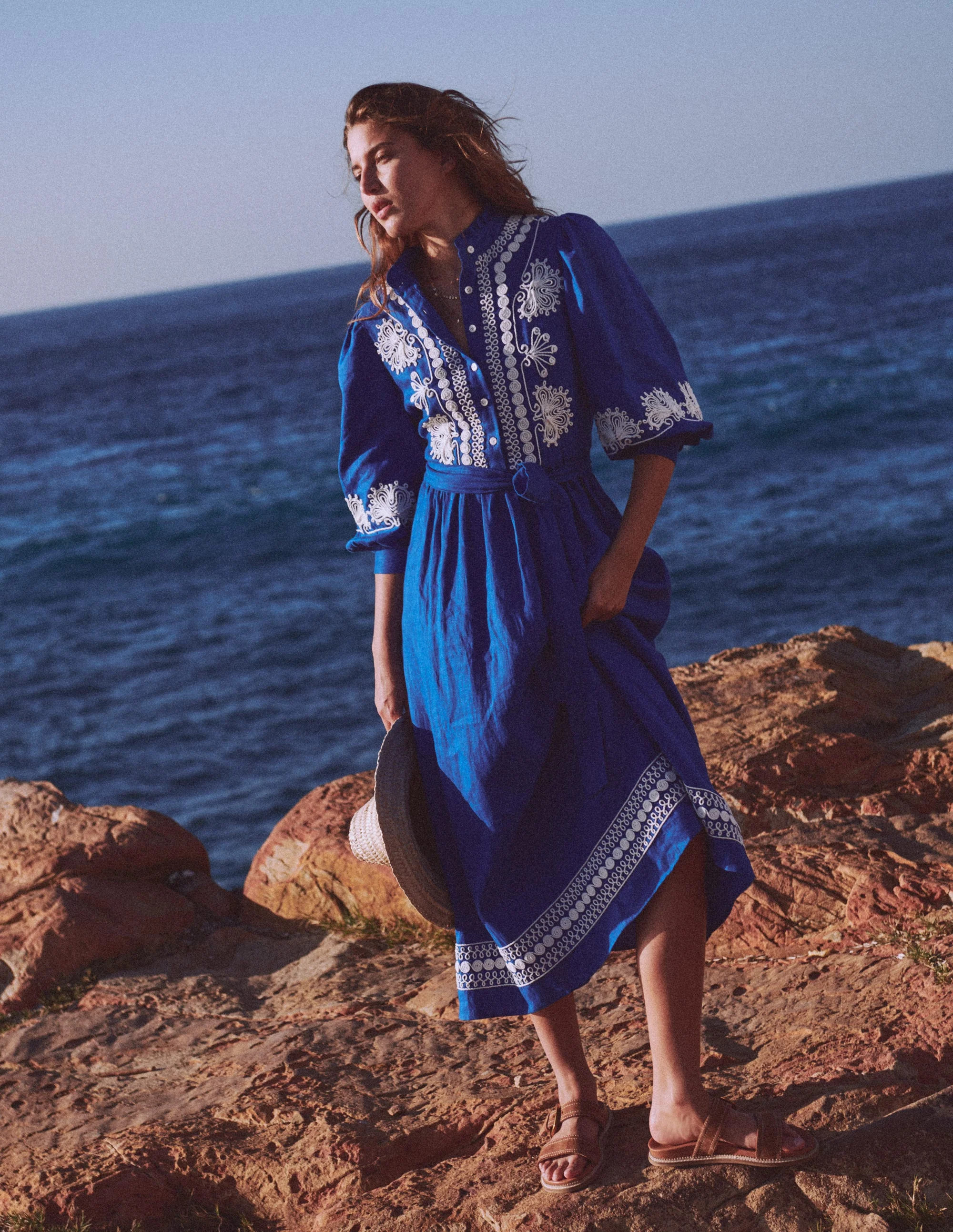 Ava Linen Blend Midi Dress-Blue Embroidery | Boden (US)