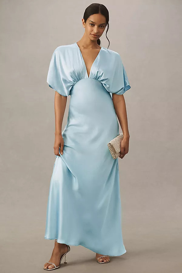 Amelia Deep-V Flutter-Sleeve Satin A-Line Gown | Anthropologie (US)