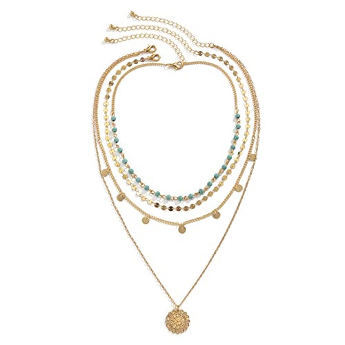 Gold Layered Turquoise Necklace for Women Multi Boho Long Necklace Bohemian Coin Pendant Necklace... | Amazon (US)