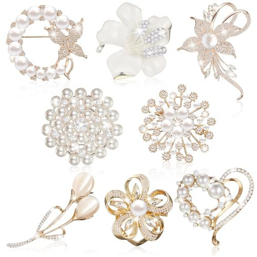Ecally 8 Pcs Brooches and Pins for Women Pearl Rhinestone Flower Pins Heart Brooch Gift for Women Bridal Wedding Dress Bouquet | Amazon (US)