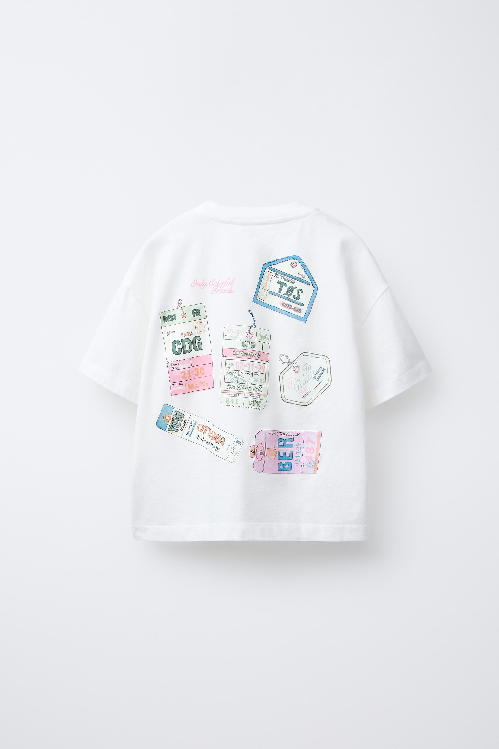 Round neck, short sleeve T-shirt. Travel print on the chest and back. | Zara UK