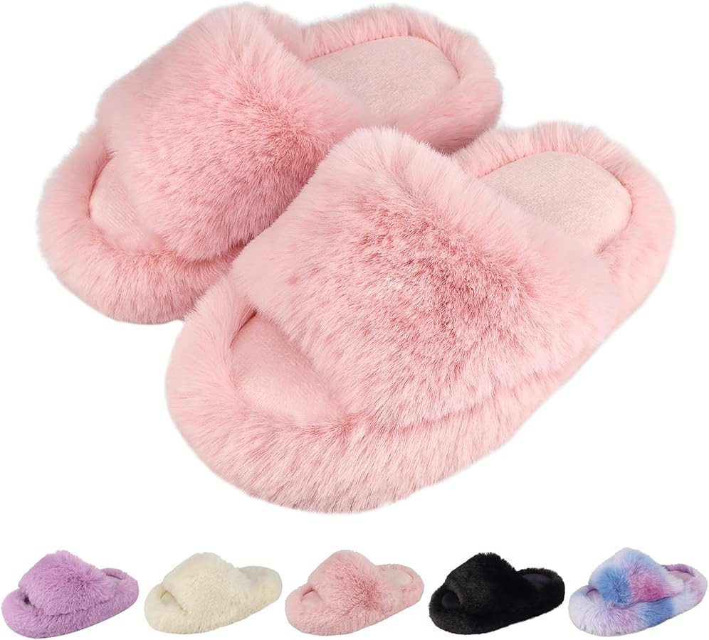 KOUECI Girls Fuzzy Plush Slippers丨Kids Open Toe Fluffy Memory Foam Slippers丨Slip on Warm Soft... | Amazon (US)