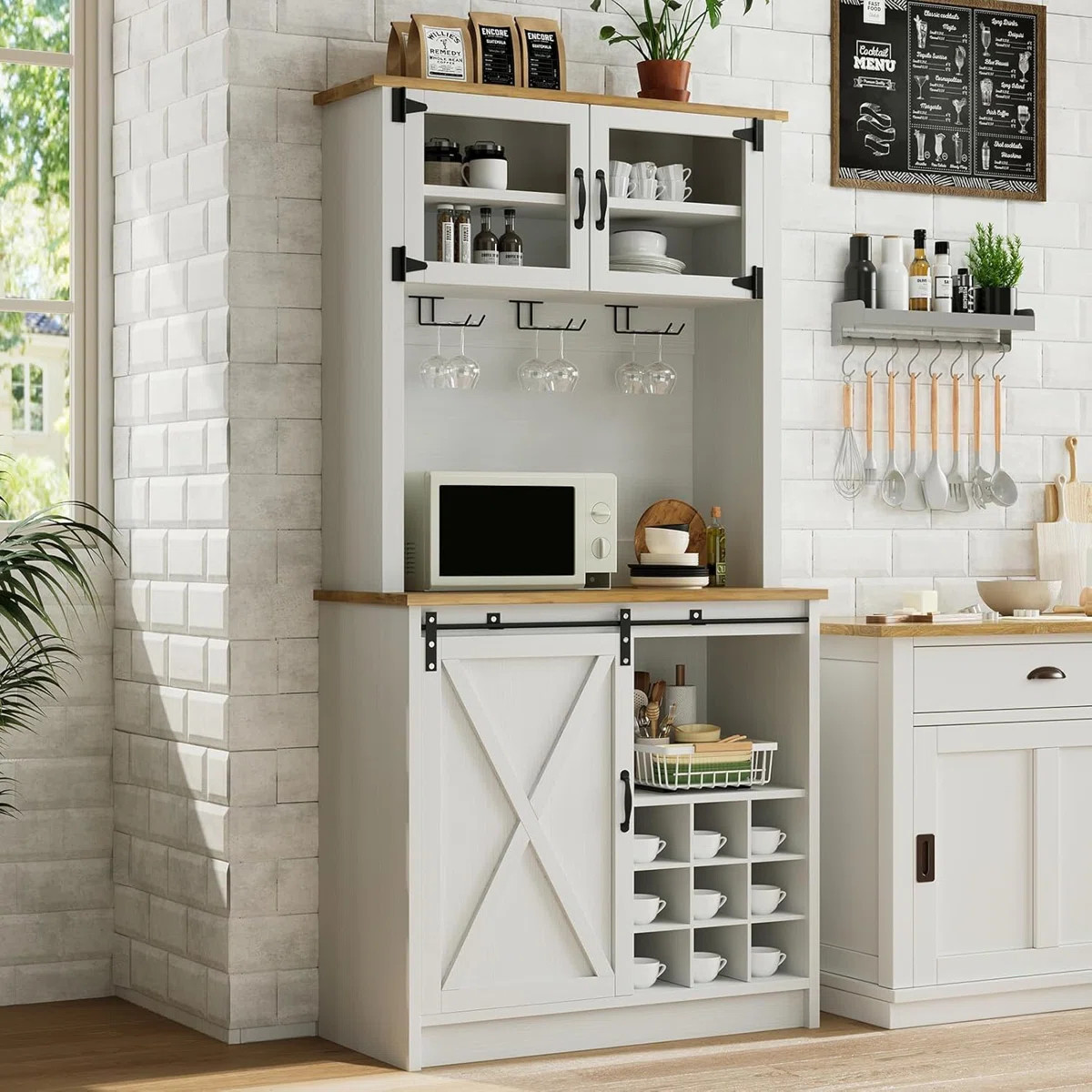 72" Farmhouse Coffee Bar Cabinet with Sliding Barn Door, Coffee Bar with Storage, Large Kitchen B... | Wayfair North America