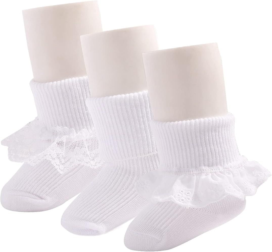 EPEIUS Baby Girls Socks Eyelet Turn Cuff Ruffle Lace Socks Dress Socks Newborn/Infants/Toddlers 3 Pa | Amazon (US)